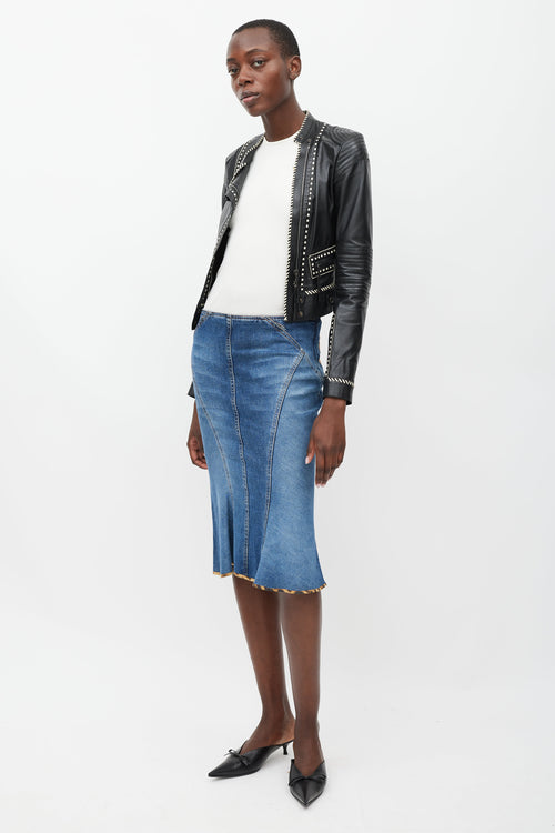 Roberto Cavalli Blue 
Brown Leather Patch Pocket Denim Skirt