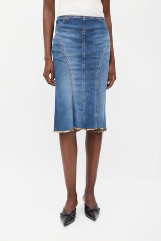 Roberto Cavalli Blue 
Brown Leather Patch Pocket Denim Skirt