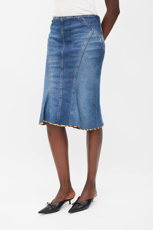 Roberto Cavalli Blue 
Brown Leather Patch Pocket Denim Skirt