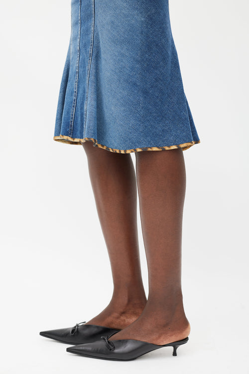 Roberto Cavalli Blue 
Brown Leather Patch Pocket Denim Skirt