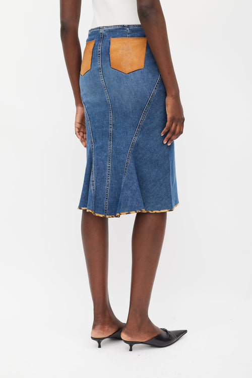 Roberto Cavalli Blue 
Brown Leather Patch Pocket Denim Skirt