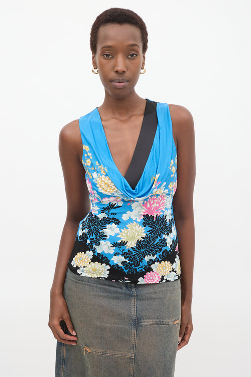 Roberto Cavalli Blue 
Multi Floral Cowl Neck Top