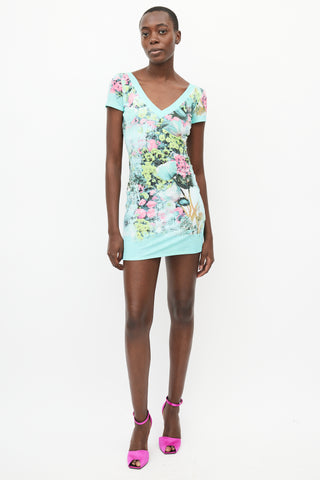 Roberto Cavalli Blue 
Multi Floral V-Neck Dress