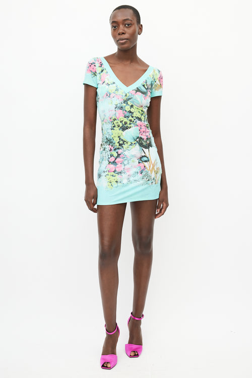 Roberto Cavalli Blue 
Multi Floral V-Neck Dress