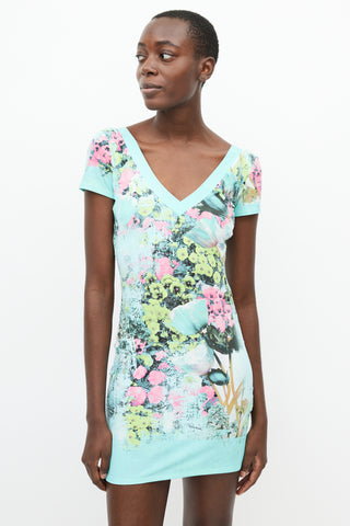 Roberto Cavalli Blue 
Multi Floral V-Neck Dress