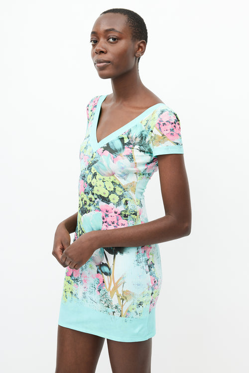 Roberto Cavalli Blue 
Multi Floral V-Neck Dress