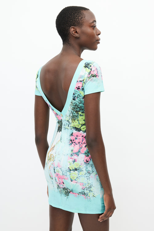 Roberto Cavalli Blue 
Multi Floral V-Neck Dress