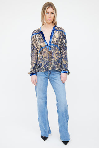 Roberto Cavalli Blue Multi Colour Velvet Print Top