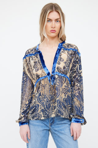 Roberto Cavalli Blue Multi Colour Velvet Print Top