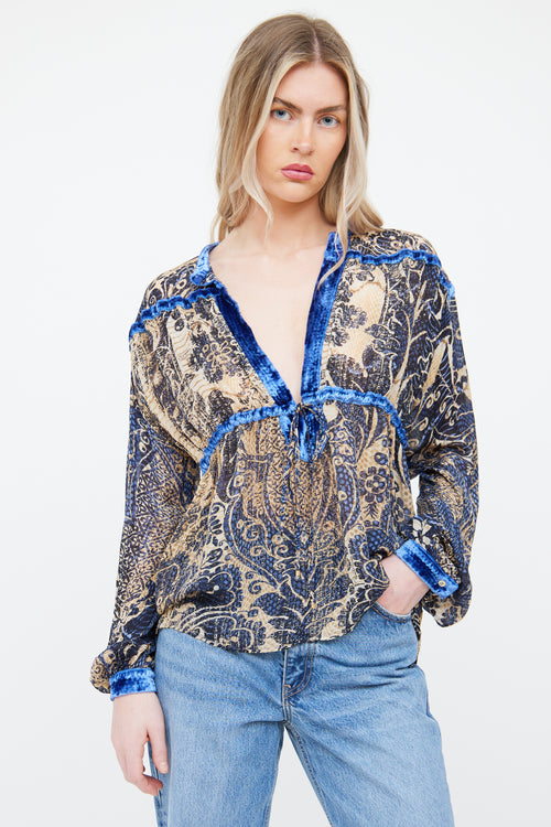 Roberto Cavalli Blue Multi Colour Velvet Print Top