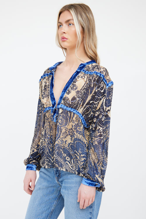 Roberto Cavalli Blue Multi Colour Velvet Print Top