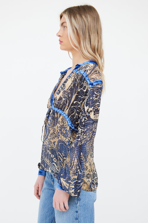 Roberto Cavalli Blue Multi Colour Velvet Print Top