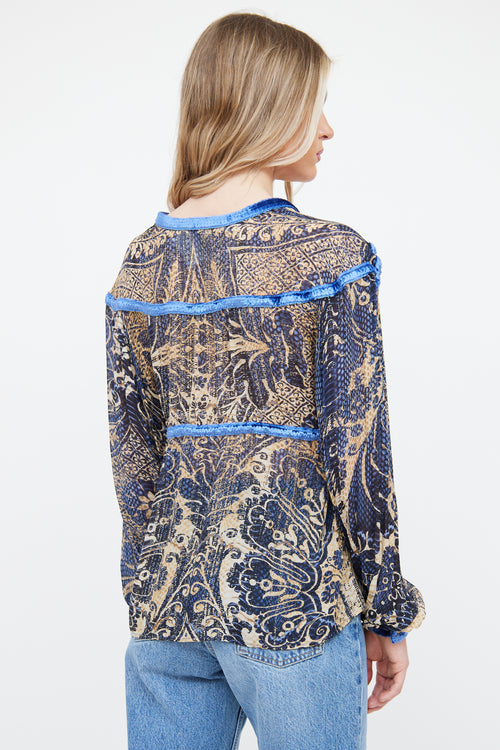 Roberto Cavalli Blue Multi Colour Velvet Print Top