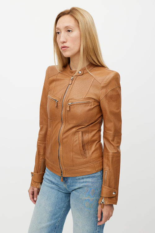 Roberto Cavalli Brown Perforated Leather Jacket