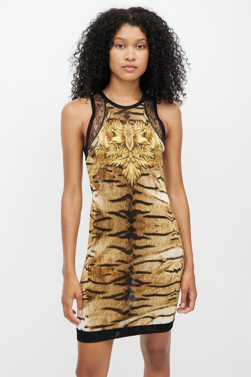 Roberto Cavalli Brown Printed Mesh 
Lace Dress