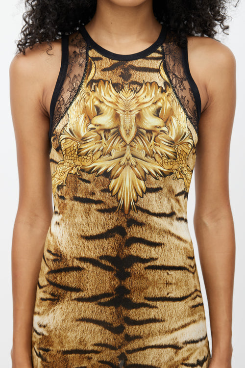 Roberto Cavalli Brown Printed Mesh 
Lace Dress