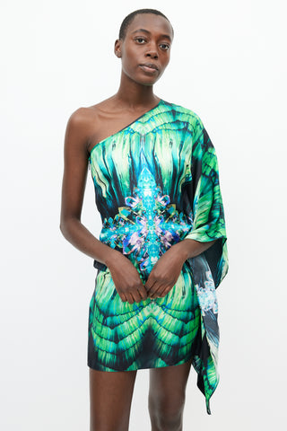 Roberto Cavalli Green 
Black Silk Gem Print One Shoulder Dress