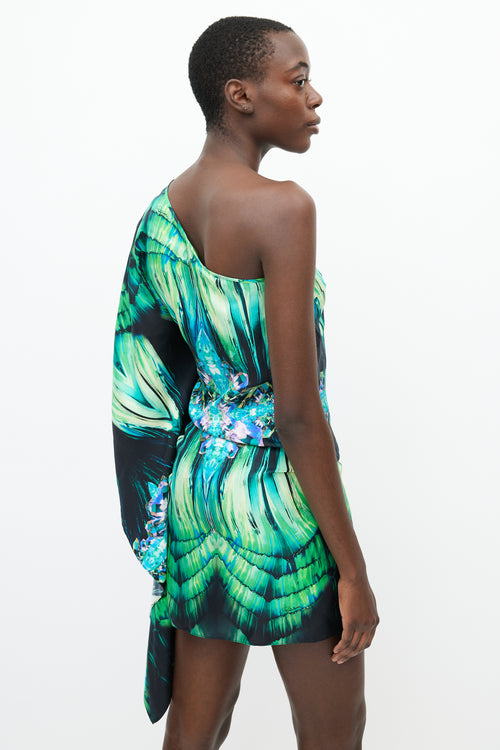 Roberto Cavalli Green 
Black Silk Gem Print One Shoulder Dress