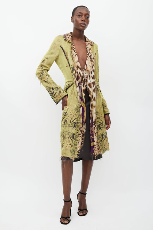 Roberto Cavalli Green 
Multicolour Layered Silk Coat