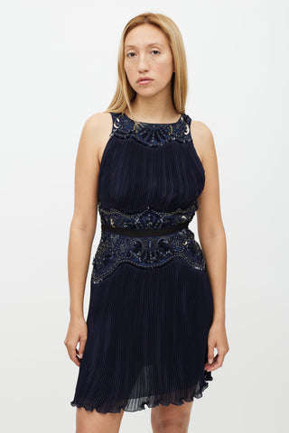 Roberto Cavalli Navy 
Gold Sequin Pleated Silk Dress