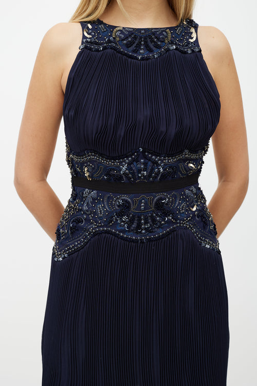 Roberto Cavalli Navy 
Gold Sequin Pleated Silk Dress