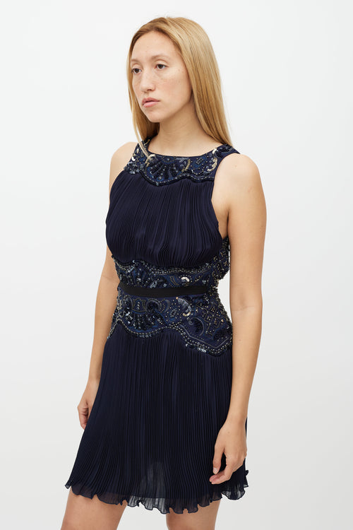 Roberto Cavalli Navy 
Gold Sequin Pleated Silk Dress