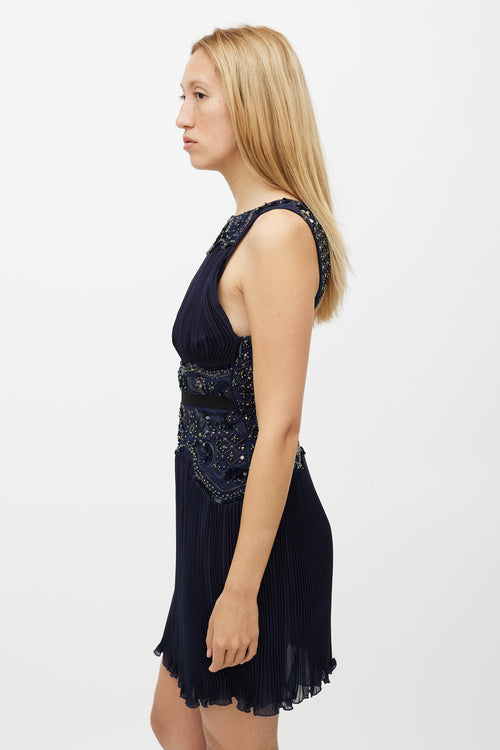 Roberto Cavalli Navy 
Gold Sequin Pleated Silk Dress