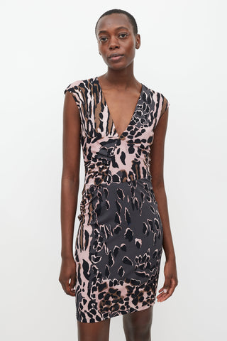 Roberto Cavalli Pink 
Black Printed Pleated Waist Dress