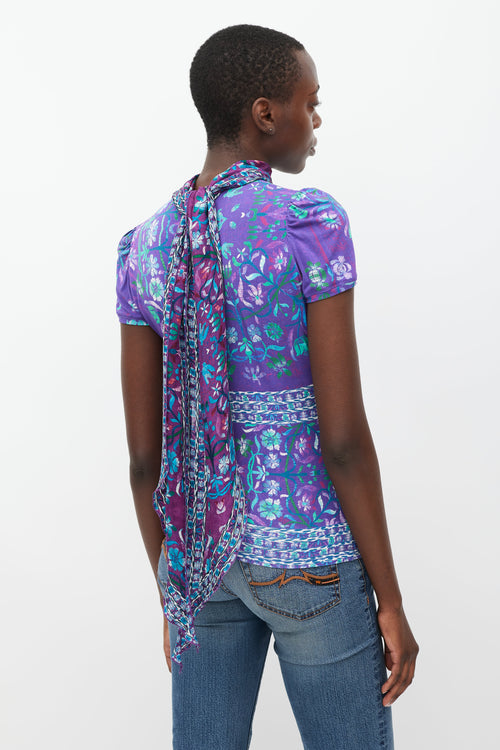 Roberto Cavalli Purple 
Multicolour Floral Tie Neck Top