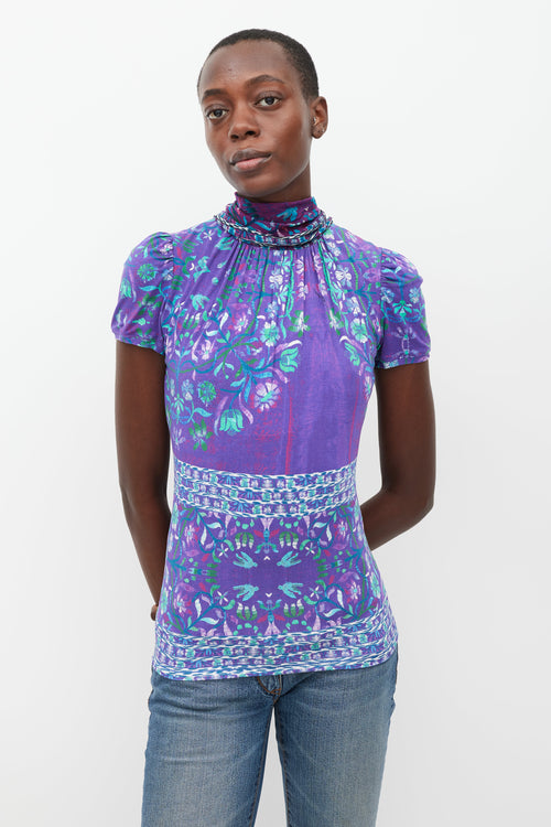 Roberto Cavalli Purple 
Multicolour Floral Tie Neck Top