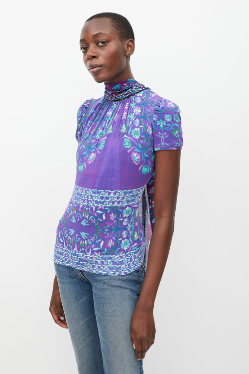 Roberto Cavalli Purple 
Multicolour Floral Tie Neck Top