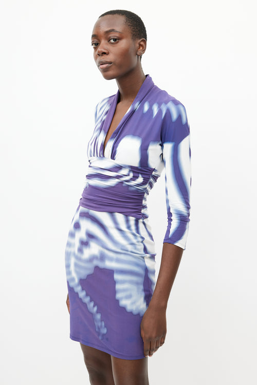 Roberto Cavalli Purple 
White Tie Dye Ruched Dress