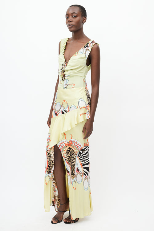 Roberto Cavalli SS 2004 Yellow 
Multi Silk Print Ruffle Skirt