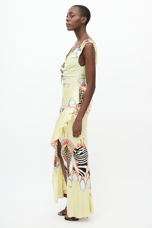 Roberto Cavalli SS 2004 Yellow 
Multi Silk Print Ruffle Skirt