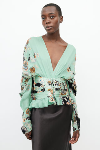 Roberto Cavalli Spring 2003 Green 
Multi Silk Corset Blouse