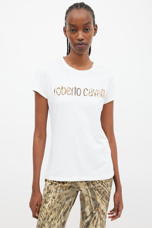 Roberto Cavalli White 
Brown Printed Logo T-Shirt