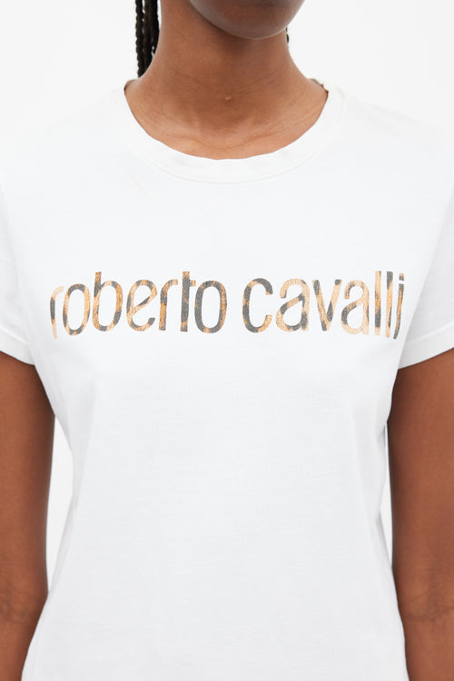 Roberto Cavalli White 
Brown Printed Logo T-Shirt