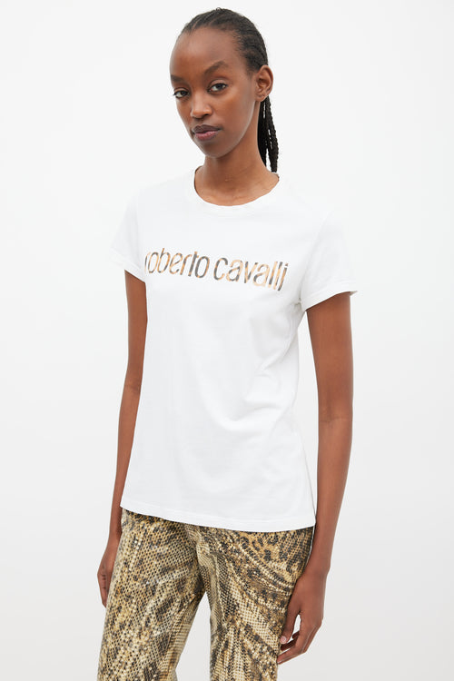 Roberto Cavalli White 
Brown Printed Logo T-Shirt