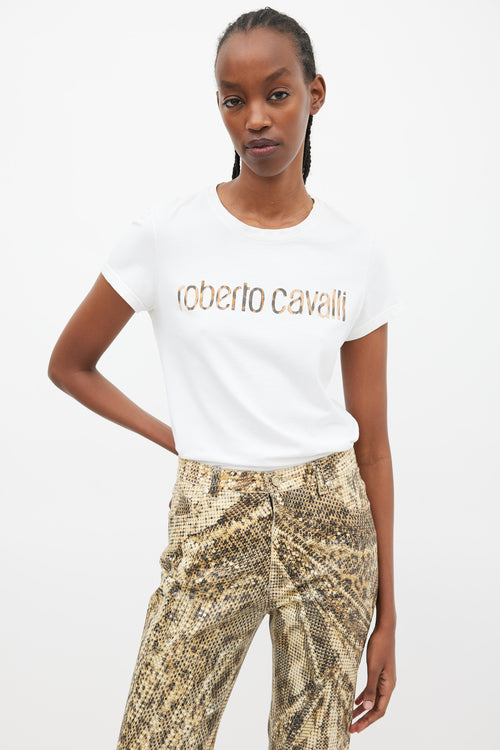 Roberto Cavalli White 
Brown Printed Logo T-Shirt