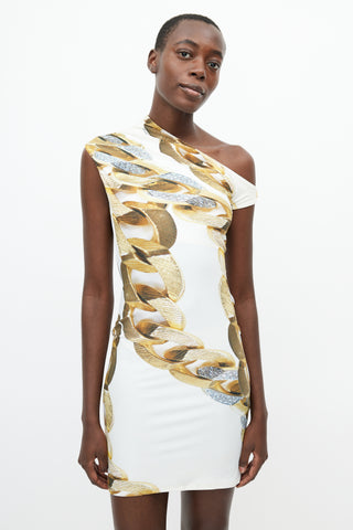 Roberto Cavalli White 
Gold Chain Print Asymmetrical Dress