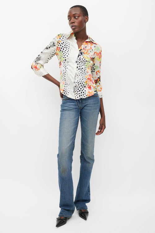 Roberto Cavalli White 
Multicolour Floral Dotted Silk Shirt