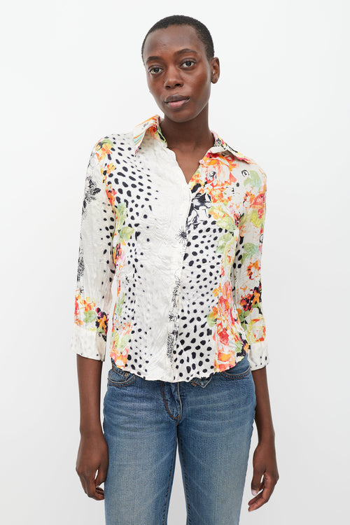 Roberto Cavalli White 
Multicolour Floral Dotted Silk Shirt