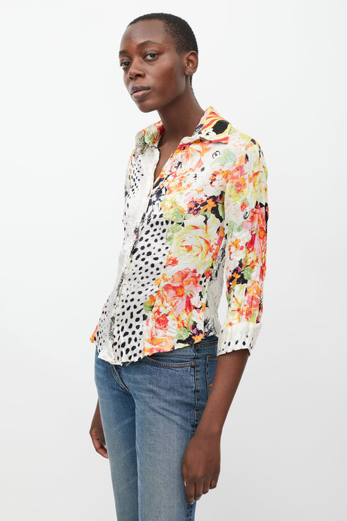 Roberto Cavalli White 
Multicolour Floral Dotted Silk Shirt