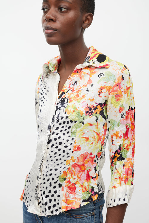 Roberto Cavalli White 
Multicolour Floral Dotted Silk Shirt