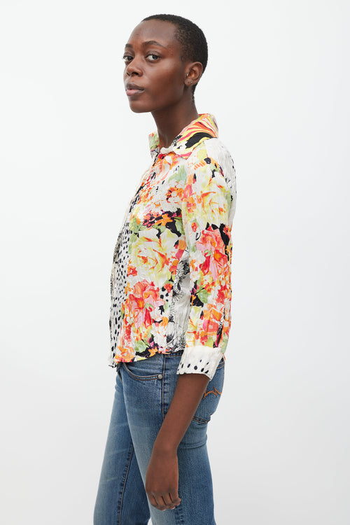 Roberto Cavalli White 
Multicolour Floral Dotted Silk Shirt