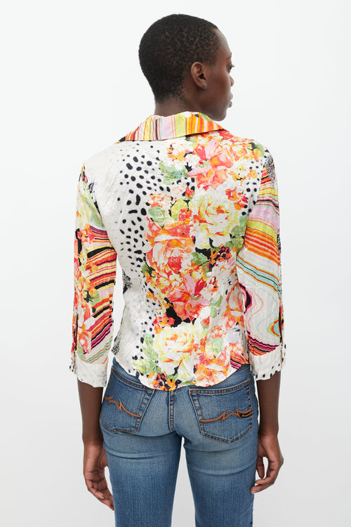 Roberto Cavalli White 
Multicolour Floral Dotted Silk Shirt