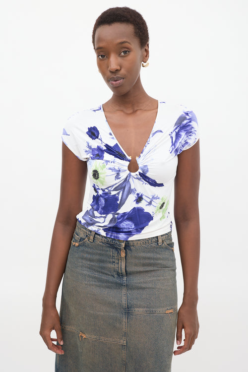 Roberto Cavalli White 
Purple Floral Gathered Top