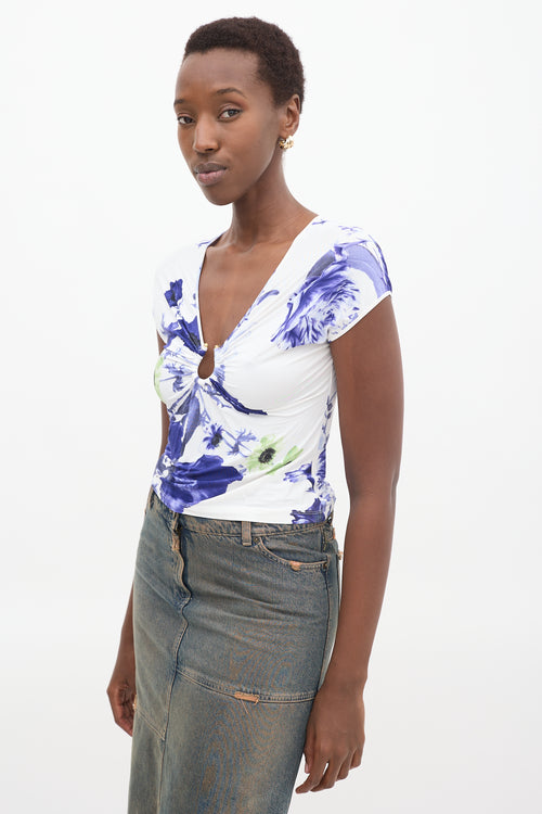 Roberto Cavalli White 
Purple Floral Gathered Top