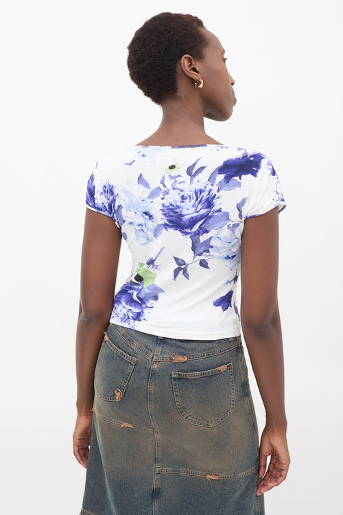 Roberto Cavalli White 
Purple Floral Gathered Top