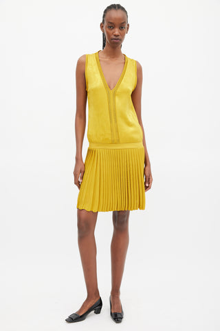 Roberto Cavalli Yellow Jacquared Pleated Drop Waist Dress